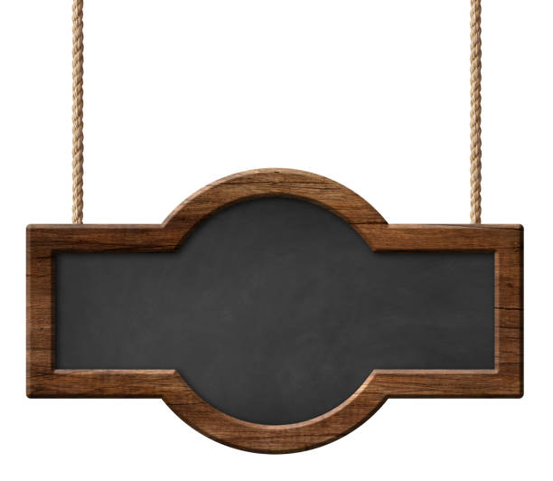 Oblong blackboard with dark wooden frame with rounded shape and hanging on ropes stock photo