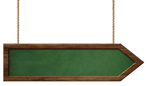 istock Green blackboard with dark frame and arrow shape hanging on ropes 1153949000