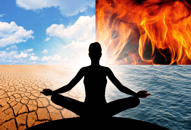 Yoga and the four elements of the Universe Concept of Yoga and the four elements of the Universe, fire, water, earth, and air. They make up all that is, everything we see around us, and everything we are. the four elements stock pictures, royalty-free photos & images