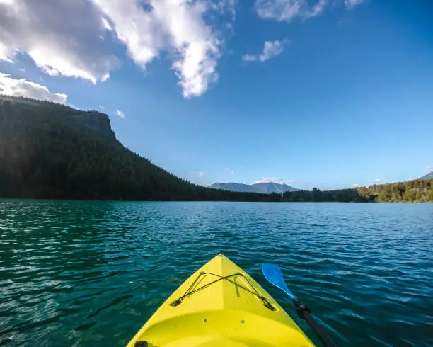 Photo of Kayak Boat Point of View on Turquoise Mountain Lake Water