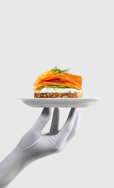 Salmon Sandwich Gloved hand presenting gourmet Salmon sandwich with whole wheat bread. formal glove stock pictures, royalty-free photos & images