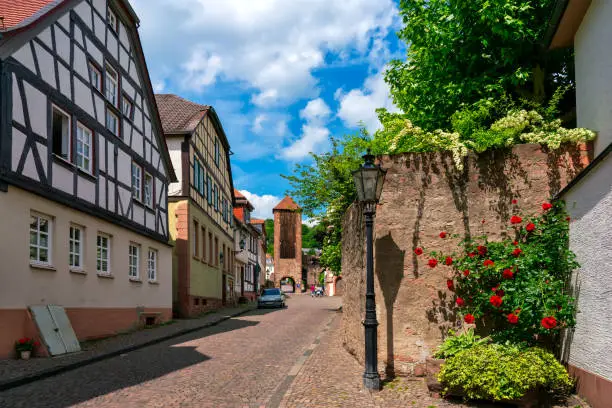 Facade of old historic houses from public area in Gelnhausen