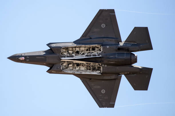 Lockheed Martin F-35A Joint Strike Fighter (JSF), Avalon Airshow 26 Feb-3 Mar 2019 Flying demonstration of the Royal Australian Airforce's (RAAF) new Lockheed Martin F-35A Joint Strike Fighter (JSF), Avalon Airshow 26 Feb-3 Mar 2019 turbojet engine photos stock pictures, royalty-free photos & images