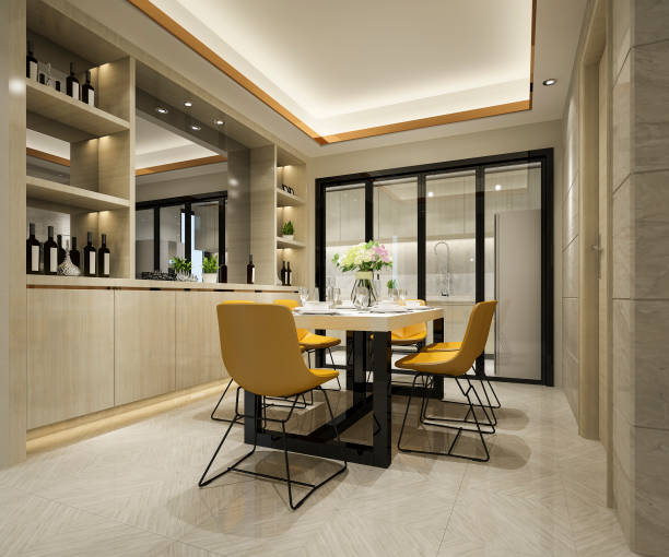 istock 3d rendering yellow chair and luxury kitchen with dining table 1153959309