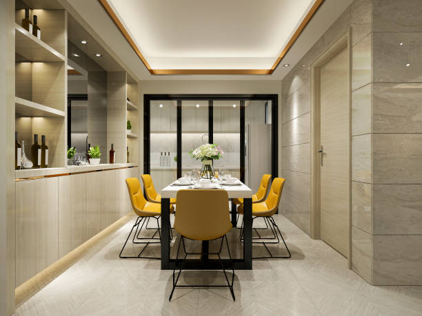 istock 3d rendering yellow chair and luxury kitchen with dining table 1153959311