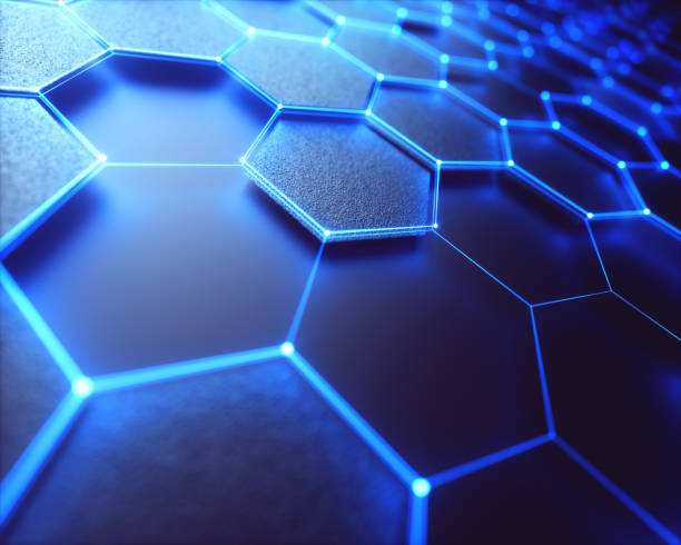 graphene hexagonal atomic connection science technology - abstract science hexagon mesh imagens e fotografias de stock