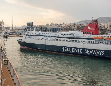 PIRAEUS, GREECE - 16 MAY 2019: Hellenic Seaways ferry in the port of Piraeus near Athens