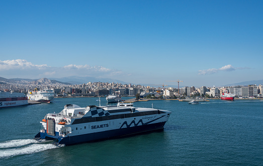 PIRAEUS, GREECE - 16 MAY 2019: Seajets ferry in the port of Piraeus near Athens
