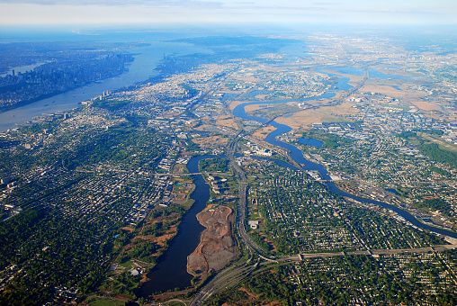 An aerial view of New Jersey, near Manhattan, shows suburban encroachment on natural wetlands