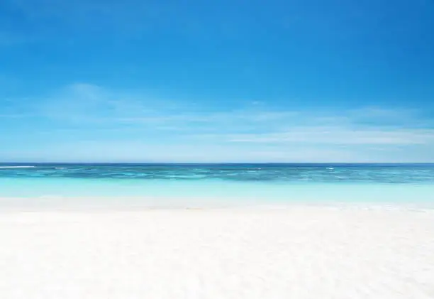 Photo of Empty sandy beach and sea with clear sky background