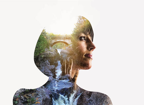 istock Multiple Exposure of young woman morphing into river and bridge 1153970654