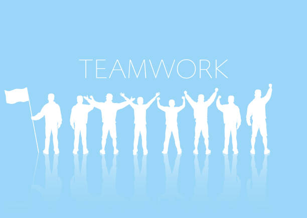 istock Group of people standing on blue background with cheerful, business teamwork concept vector illustration 1153985780
