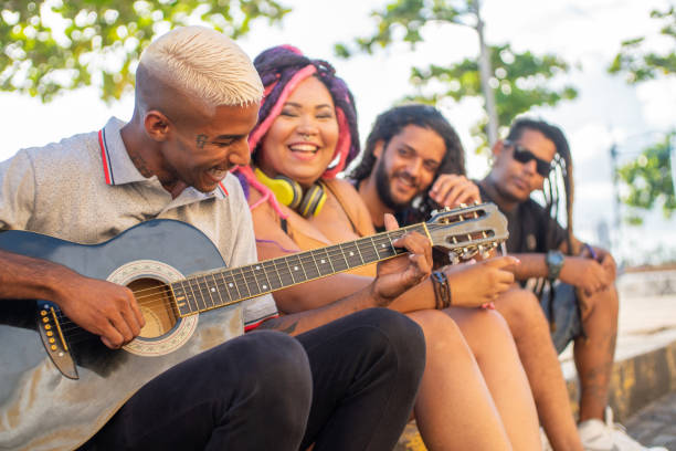 Let's sing ! Multi-Ethnic Group, Springtime, Toothy Smile, Selfie, Millennial Generation acoustic guitar tattoos stock pictures, royalty-free photos & images