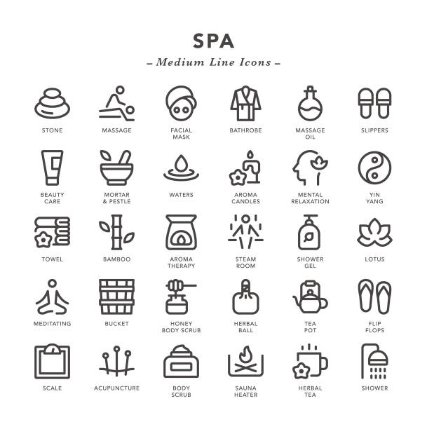 illustrations, cliparts, dessins animés et icônes de spa-icônes de ligne moyenne - sauna health spa healthy lifestyle wellbeing