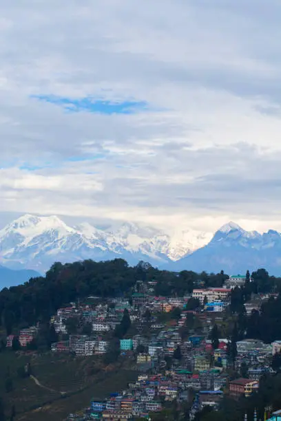 Darjeeling City with mountain range at background, India