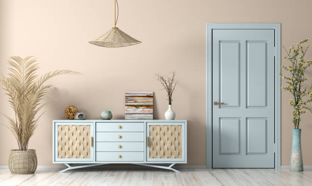 interni moderni del soggiorno con rendering 3d di porte e credenze - sideboard foto e immagini stock