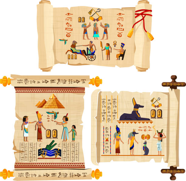 Ancient Egypt papyrus scroll cartoon vector Ancient Egypt papyrus scroll cartoon vector collection with hieroglyphs and Egyptian culture religious symbols, ancient gods, pyramids, scarab and human figures. Decorated with red cord and isolated egypt stock illustrations