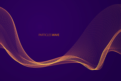 Wave of flowing particles over dark modern relaxing illustration. Round shining dots vector abstract background. Beautiful wave shaped array of blended points.