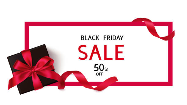Black Friday Sale discount flyer template with black gift box and red bow. vector art illustration
