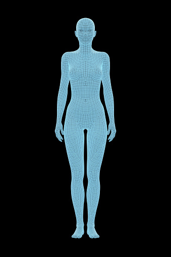 3D Rendering image of female human body. Wireframe model isolated on black background.