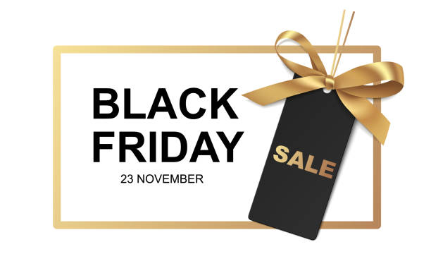 Black friday Sale banner design. Golden frame with price tag and gold bow on white background vector art illustration