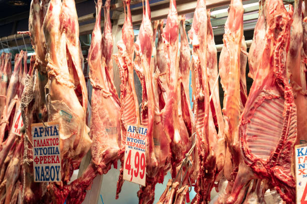 4 월 26, 2019. 아테네, 그리스. 그리스 정육점가 게 개념입니다. 전체 양이 시장에서 후크에 매달려 있습니다. - butcher butchers shop slaughterhouse hook 뉴스 사진 이미지