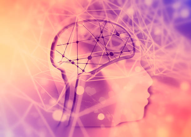 Silhouette of a man head. Mental health relative brochure, report design template. Scientific medical designs. Connected lines with dots. 3d rendering