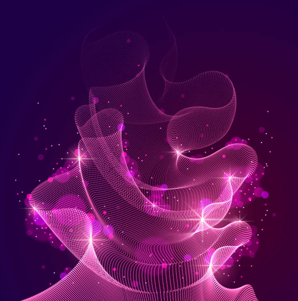 istock Flowing magic energy particles over dark, wave of blended dots transparent tulle textile on wind. Curved dotted 3d lines vector effect illustration. 3d futuristic style. 1153997926