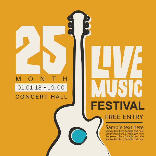 banner for live music festival with guitar Vector banner or poster for live music festival with guitar, inscription and place for text in retro style on the yellow background folk stock illustrations