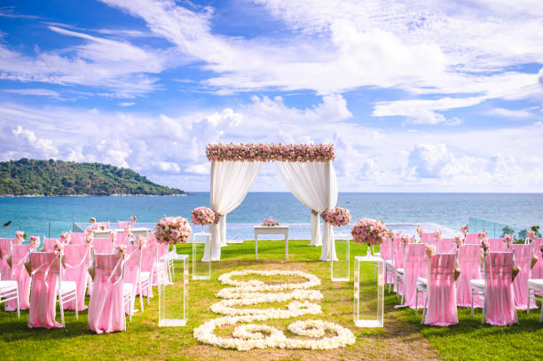 istock Romantic wedding ceremony on the lawn Sea view. 1153999803