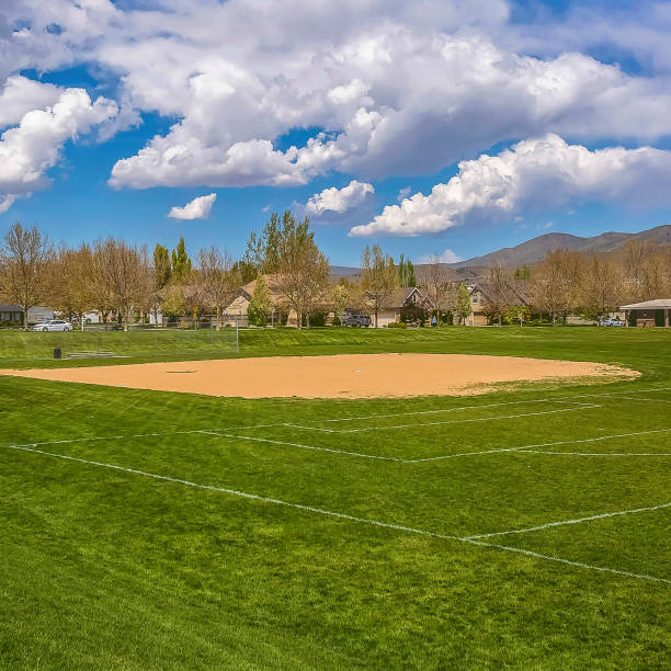 istock Frame Square Baseball or softball field with buildings and trees beyond the grassy terrain 1154000016