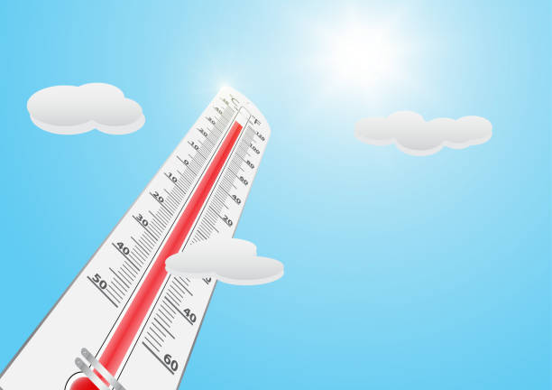 온도계,와, 높은 온도,에, 태양,에, 푸른 하늘, 배경 벡터 일러스트 - heat heat wave thermometer summer stock illustrations