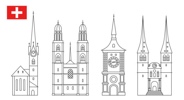 satz der schweiz wahrzeichen ikonen im umriss - fraumünsterkirche stock-grafiken, -clipart, -cartoons und -symbole