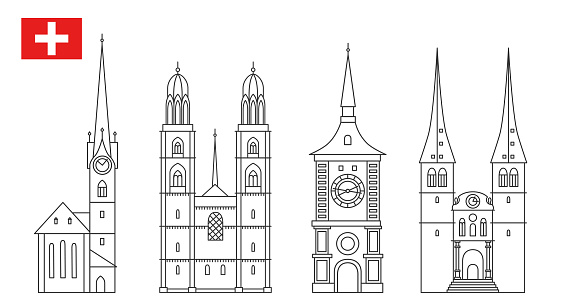 Set of Switzerland landmark icons in outline style. Swiss national attractions. Vector illustration