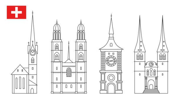 Set of Switzerland landmark icons in outline style Set of Switzerland landmark icons in outline style. Swiss national attractions. Vector illustration switzerland tourist places stock illustrations