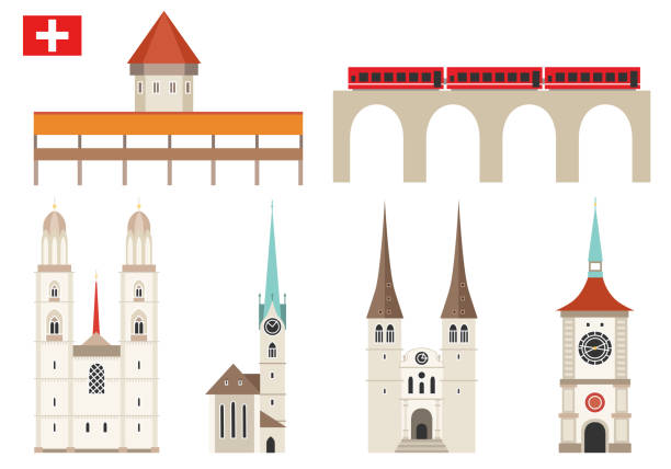 satz der schweiz wahrzeichen ikonen im flachen stil - fraumünsterkirche stock-grafiken, -clipart, -cartoons und -symbole