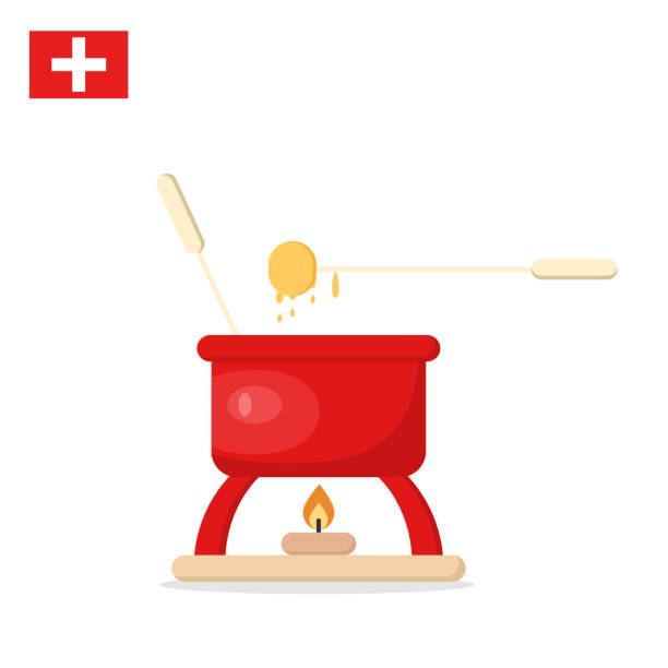 Fondue. Red jar with melted cheese and forks strung with sliced bread Fondue. Red jar with melted cheese and forks strung with sliced bread. Cheese fondue on a white background. Vector illustration fondue stock illustrations