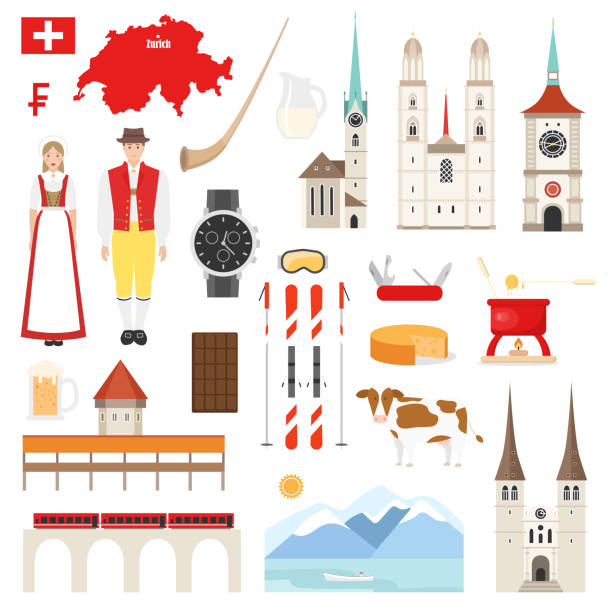 Switzerland flat symbols collection Switzerland symbols collection. Set with architecture, national flag, costume, food, cow, map and other swiss elements in flat style. Vector illustration zurich map stock illustrations