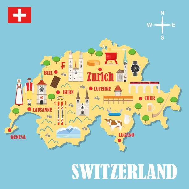 Map of Switzerland with landmarks Map of Switzerland with landmarks. Swiss architecture, national flag, costume, food, cow and other swiss elements in flat style. Vector illustration fondue stock illustrations