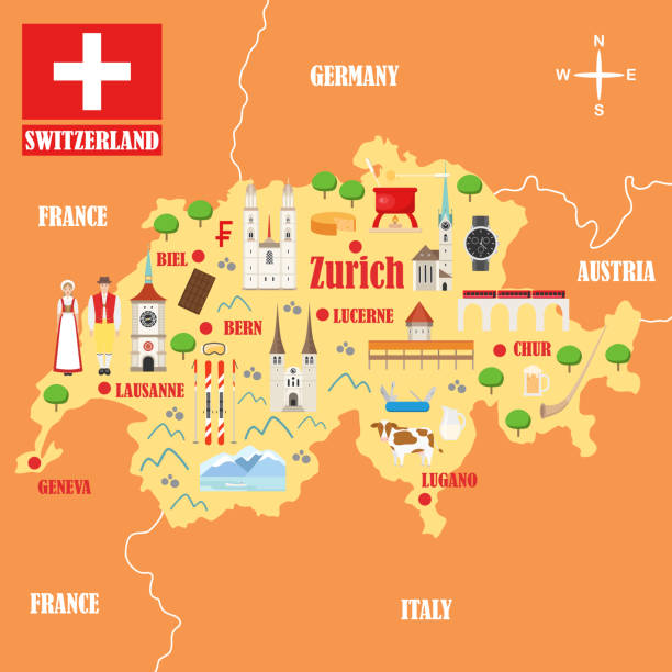 ilustrações de stock, clip art, desenhos animados e ícones de map of switzerland with landmarks - map switzerland swiss culture zurich