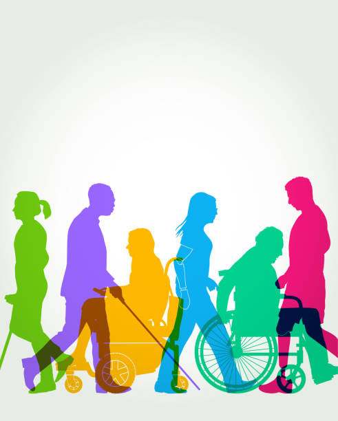 Group of People with Disabilities Large group of people representing a diverse range of Disabilities in society aging process illustrations stock illustrations