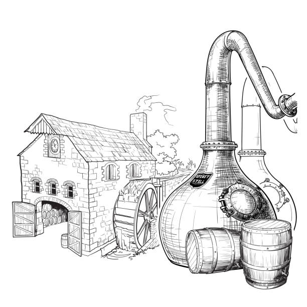 ilustraciones, imágenes clip art, dibujos animados e iconos de stock de whisky de grano a botella. un cisne de cobre cuello stills, barricas de roble utilizadas para el envejecimiento y un molino de agua en un fondo. - alambique