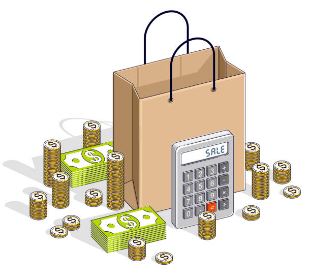 Big Sale concept, Retail, Sellout, Shopping Bag with cash money stacks and calculator isolated on white background. Vector 3d isometric business and finance illustration, thin line design. Big Sale concept, Retail, Sellout, Shopping Bag with cash money stacks and calculator isolated on white background. Vector 3d isometric business and finance illustration, thin line design. off balance stock illustrations