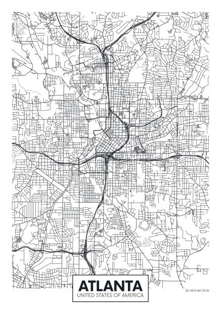 illustrazioni stock, clip art, cartoni animati e icone di tendenza di mappa della città atlanta, design di poster vettori di viaggio - skyline silhouette cityscape residential district