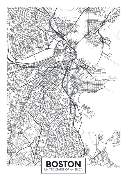 illustrations, cliparts, dessins animés et icônes de carte de la ville de boston, voyage vecteur affiche design - boston massachusetts