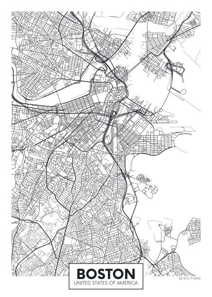 illustrazioni stock, clip art, cartoni animati e icone di tendenza di mappa della città boston, design di poster vettoriali di viaggio - boston massachusetts