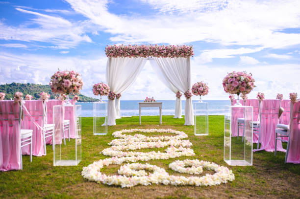 istock Romantic wedding ceremony on the lawn Sea view. 1154012880