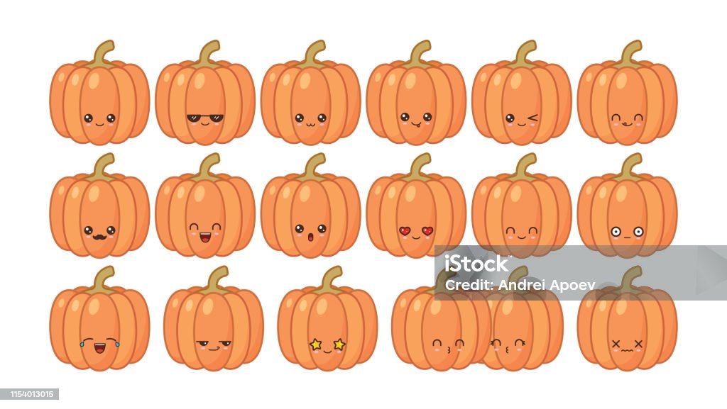 Pumpkin cute kawaii mascot. Set kawaii food faces Pumpkin cute kawaii mascot. Set kawaii food faces expressions smile emoticons. Anthropomorphic Face stock vector