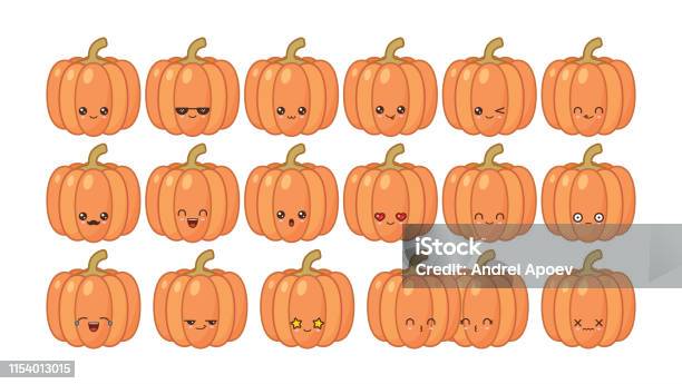 Pumpkin Cute Kawaii Mascot Set Kawaii Food Faces Stock Illustration - Download Image Now - Anthropomorphic Face, Anthropomorphic Smiley Face, Awe