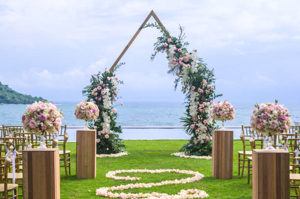 istock Romantic wedding ceremony on the lawn Sea view. 1154013080
